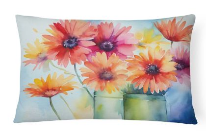 Flowers in Watercolor Throw Pillow Throw Pillow for Indoor Couch Bed Outdoor Patio Washable, Gerbera Daisies 1571,12Hx16W