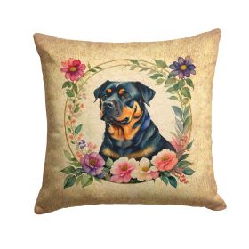 Rottweiler and Flowers Throw Pillow Machine Washable, Indoor Outdoor Decorative Pillow for Couch, Bed or Patio, 14Hx14W