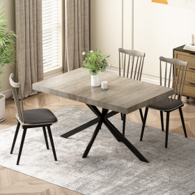 55.11-70.86 Retro Rectangular Stretch Dining Table, Grey Carole Top With Black Embossed Center Pl (Color: Grey)