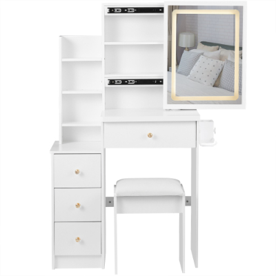 29.2 Small Size Left Bedside Cabinet Vanity Table   Cushioned Stool, 2 AC  2 USB Power Station, Hair Dryer Bracket  Extra Large Touch Control Sli