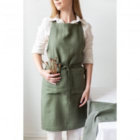 Linen Apron Adjustable Bib Apron With Pockets Linen Half Apron (Color: Green)