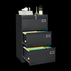 3-Drawer Lateral Filing Cabinet, Black Locking Metal, Office (Color: Black)