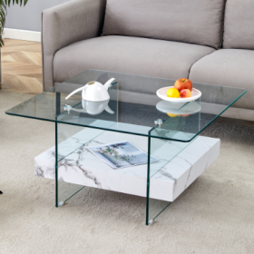 31.4 Inch Modern Two Tier Square Coffee Table - An Elegant Combination Of Clear Glass And Black Marble Pattern Sticker.It Can Be Used As A Coffee (Color: White)